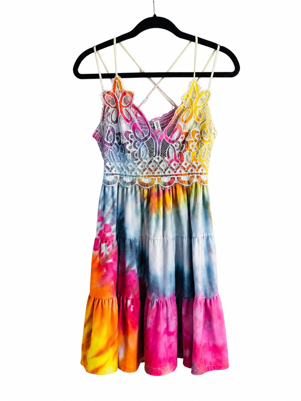 Zenana Outfitters Crochet Lace Ruffle Cami Dress XL Rainbow Tie Dye